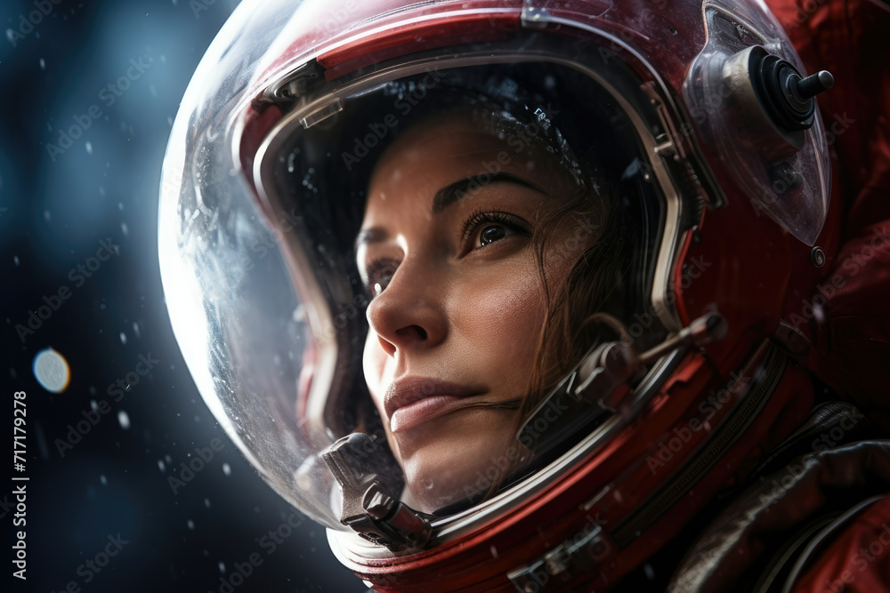 Young woman universe helmet sky science exploration cosmos astronomy female person astronaut space future