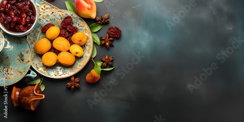 cup of tea with dried fruits on the table. Ramadan kareem decorations background. Top view, flat lay moslem islam iftar braking fast concept