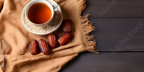 cup of tea with dried fruits on the table. Ramadan kareem decorations background. Top view, flat lay moslem islam iftar braking fast concept