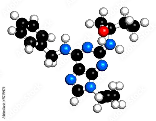 Seliciclib drug molecule (CDK inhibitor). 3D rendering.
