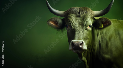 Portrait einer grünen Kuh mit grünem Fell vor grünem Hintergrund. Konzept: ökologische Landwirtschaft. Surreale Illustration