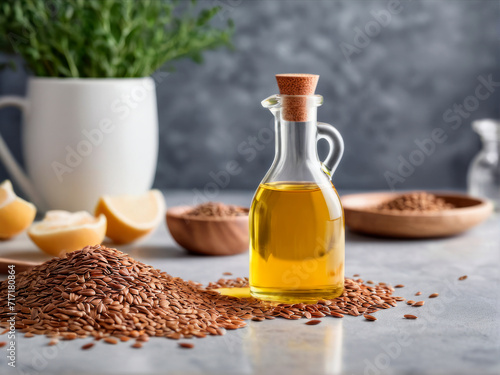 Flax seeds and organic healthy flaxseed oil in a bottle