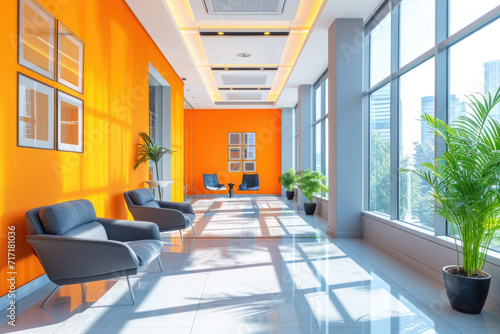 Workspace interior: Bright, inviting office space designed in Apricot Crush color scheme, reflecting positivity and energy, natural light