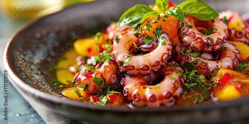 Octopus Ceviche Symphony: Culinary Brilliance Unveiled. Dive into A Repetition of Freshness and Citrus Zest Captured in Visual Harmony. Picture the Octopus Ceviche Symphony in a Contemporary 