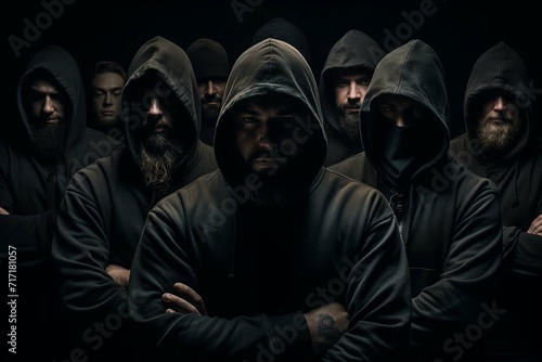 Gang members in hoodies on dark background