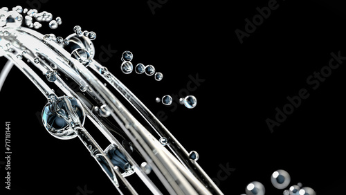 Water element abstract background. Movement of air bubbles on black background.  3d render.