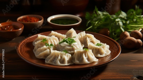 Georgian dumplings Khinkali with meat on wooden table. A traditional Caucasian dish is boiled dough with meat and spices.