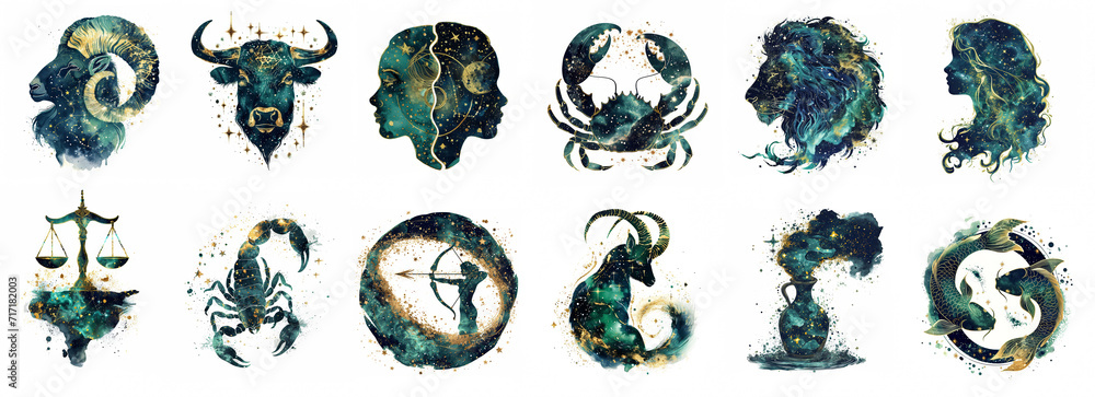 Obraz premium Horoscope. All the zodiac signs. Double exposure illustration combined with raw ink drawing of stars and constellations. Dark blue, green and gold color scheme. White background.