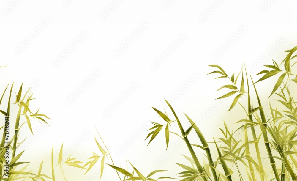 Fototapeta premium Green bamboo stems with leaves on white background.