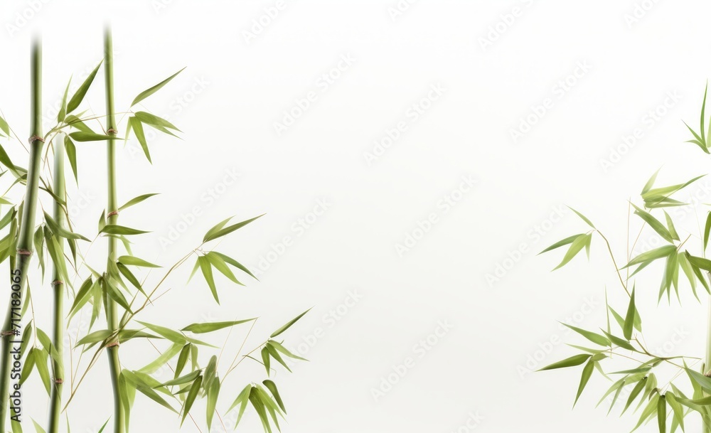 Obraz premium Green bamboo stems with leaves on white background.