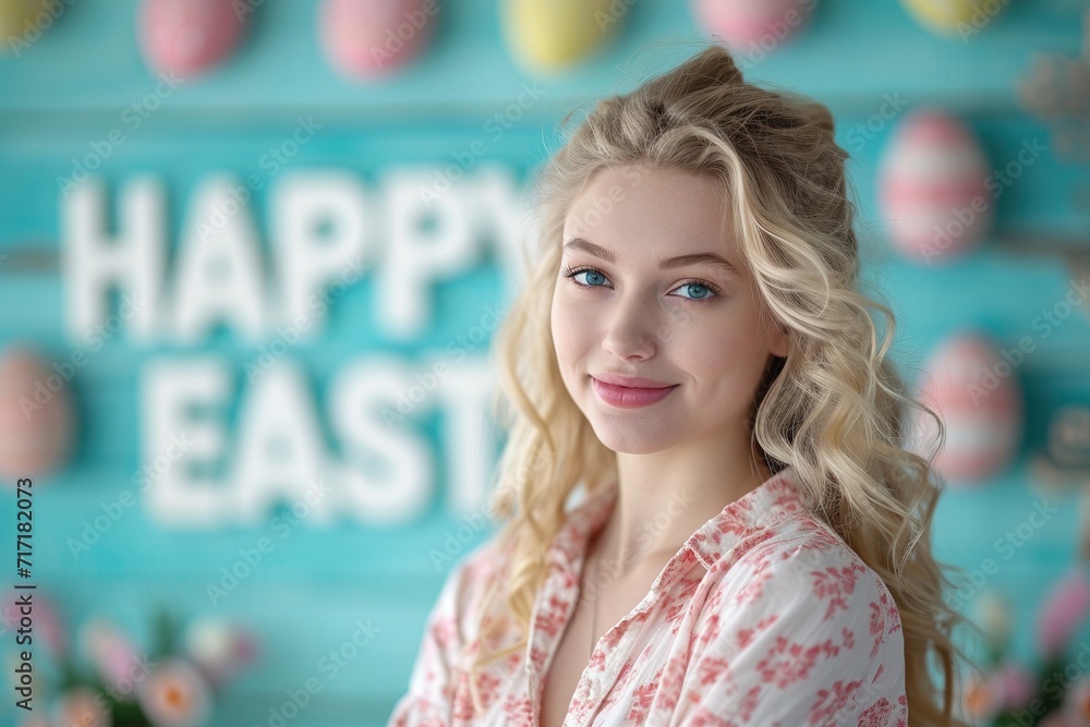 Isolated portrait of an attractive blonde female on an Easter-themed background, accompanied by Isolated portrait of an attractive blonde female on an Easter-themed background, accompanied by