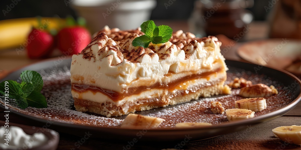 Banoffee Pie Bliss: Culinary Indulgence Unveiled. Immerse in A Symphony of Caramel, Bananas, and Cream Captured. Picture the Banoffee Pie Bliss in a Sweet Culinary Setting with Soft Lighting