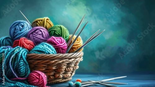 cozy illustration with knitting accessories and a basket with skeins of yarn, metal knitting needles and a knitting guide with patterns photo