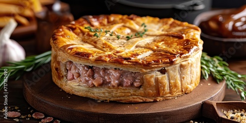 Melton Mowbray Pork Pie: Culinary Tradition Unveiled. Dive into A Symphony of Flaky Pastry and Succulent Pork Captured. Picture the Melton Mowbray Pork Pie in a Traditional Culinary Setting photo