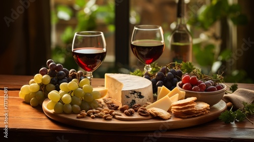 Cheese platter with organic cheeses, fruits, nuts and wine on wooden background. Tasty cheese starter. Two glasses of red wine and a bunch of grapes.