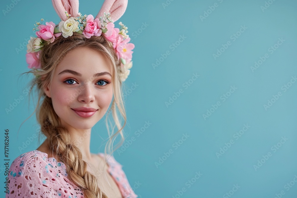 A captivating blonde woman stands out against a lively blue backdrop, wearing a festive Easter hat, radiating elegance and style A captivating blonde woman stands out against a lively blue backdrop, wearing a festive Easter hat, radiating elegance and style