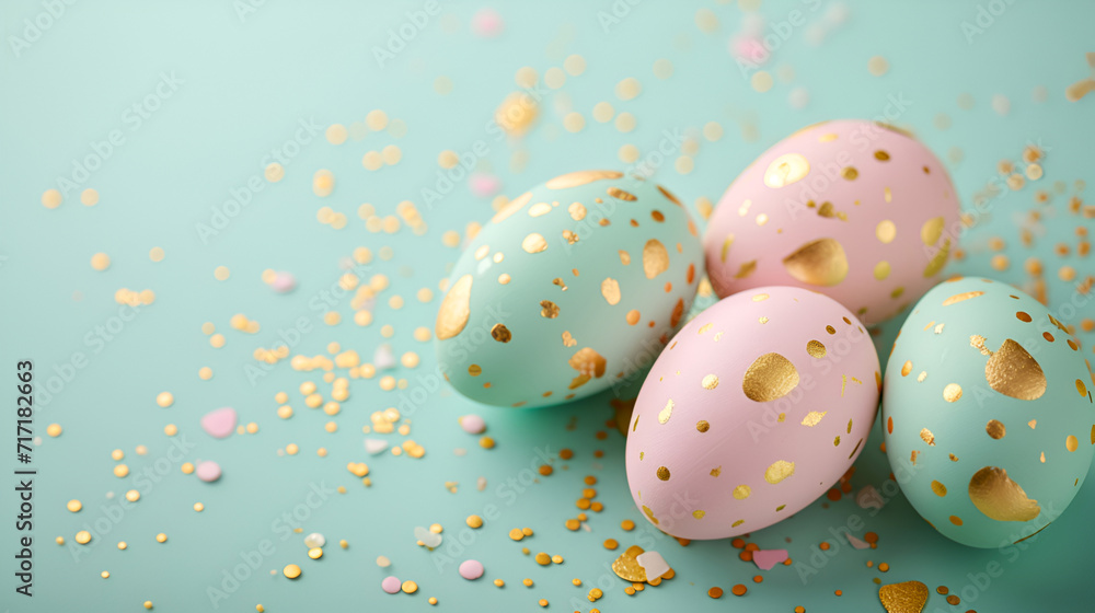 Pastel Easter eggs with golden dots on light turquoise background. Elegant Easter eggs decorated with gold on pastel colored background. Stylish Easter egg design with gold accents, aqua background
