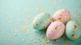 Pastel Easter eggs with golden dots on light turquoise background. Elegant Easter eggs decorated with gold on pastel colored background. Stylish Easter egg design with gold accents, aqua background