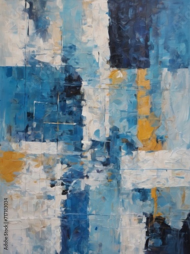 An abstract grunge blue and yellow painting with geometric shapes and stripes, oil on canvas. Contemporary surrealist painting. Modern poster for wall decoration