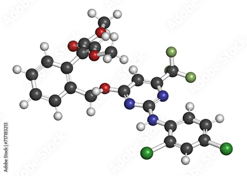 Pyriminostrobin insecticide molecule. 3D rendering.