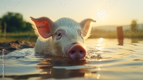 A pig is drinking water in the forest beautiful image Ai generated art