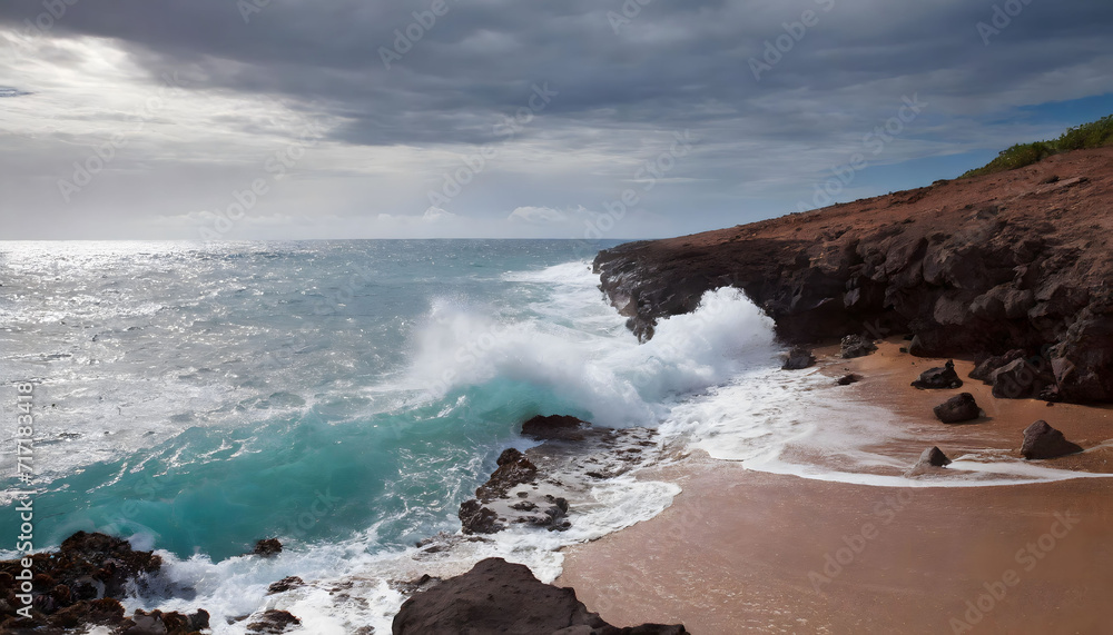 Sea waves crashing on rocks, ocean breaks on shore wallpaper