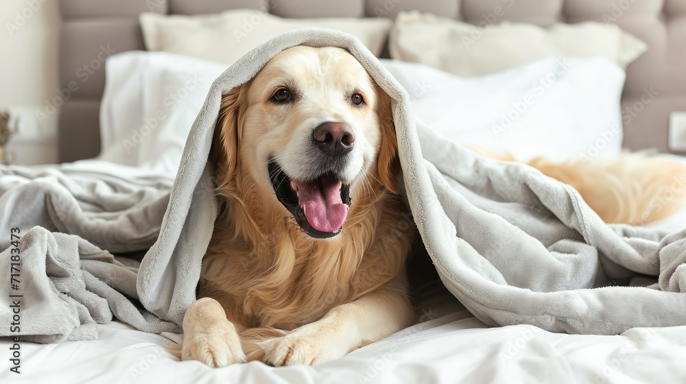 Obraz premium Happy smile golden retriever dog under gray plaid. Pet warms under a blanket in cold winter weather. Pets friendly and care concept. golden retriever dog on bed