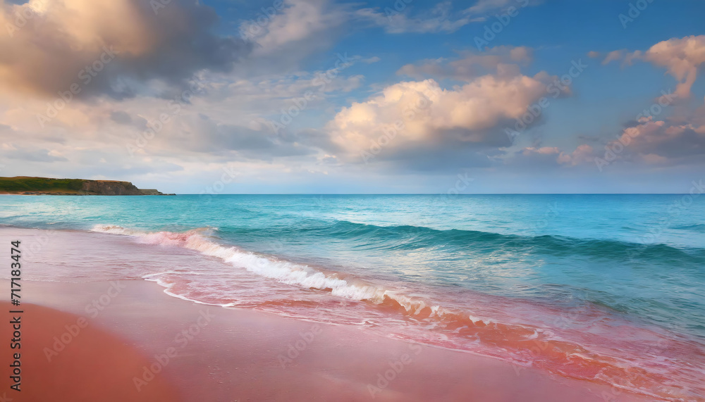 Ocean seascape with pink sandy beach wallpaper. Sea background in the morning