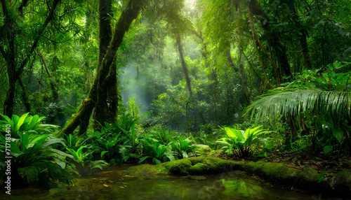 Deep tropical jungles in summer. Green forest in the morning