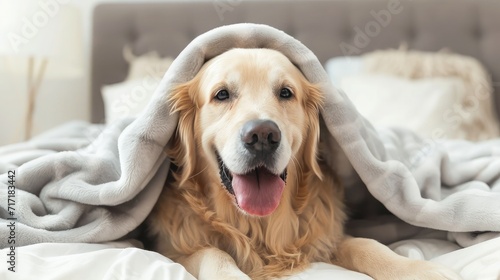 Happy smile golden retriever dog under gray plaid. Pet warms under a blanket in cold winter weather. Pets friendly and care concept. golden retriever dog on bed
