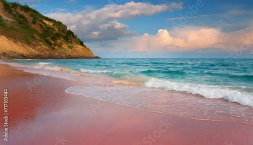 Ocean seascape with pink sandy beach wallpaper. Sea background
