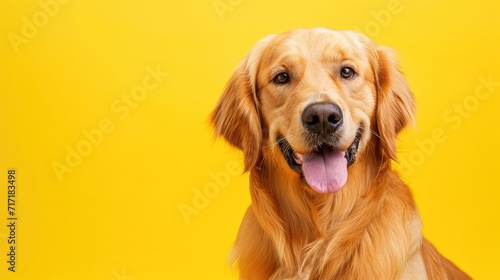 Happy smiling golden retriever dog blinking eye yellow background studio shot
