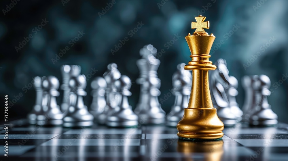 King golden chess standing confront of the silver chess team to challenge concepts of leadership and business strategy management and leadership King golden chess standing confront of the silver chess team to challenge concepts of leadership and business strategy management and leadership