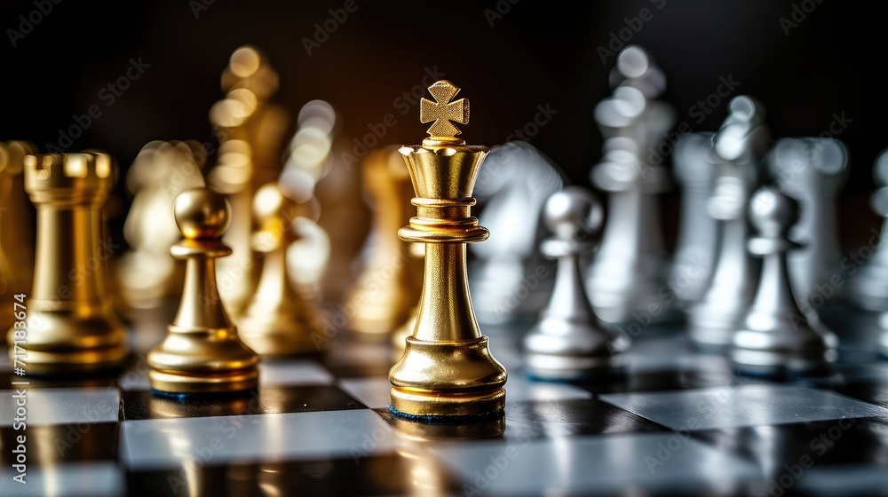 King golden chess standing confront of the silver chess team to challenge concepts of leadership and business strategy management and leadership King golden chess standing confront of the silver chess team to challenge concepts of leadership and business strategy management and leadership