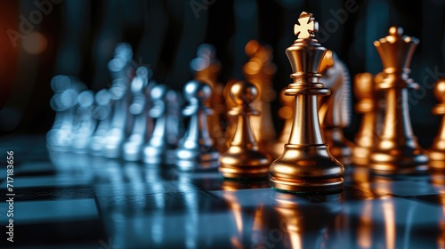 King golden chess standing confront of the silver chess team to challenge concepts of leadership and business strategy management and leadership