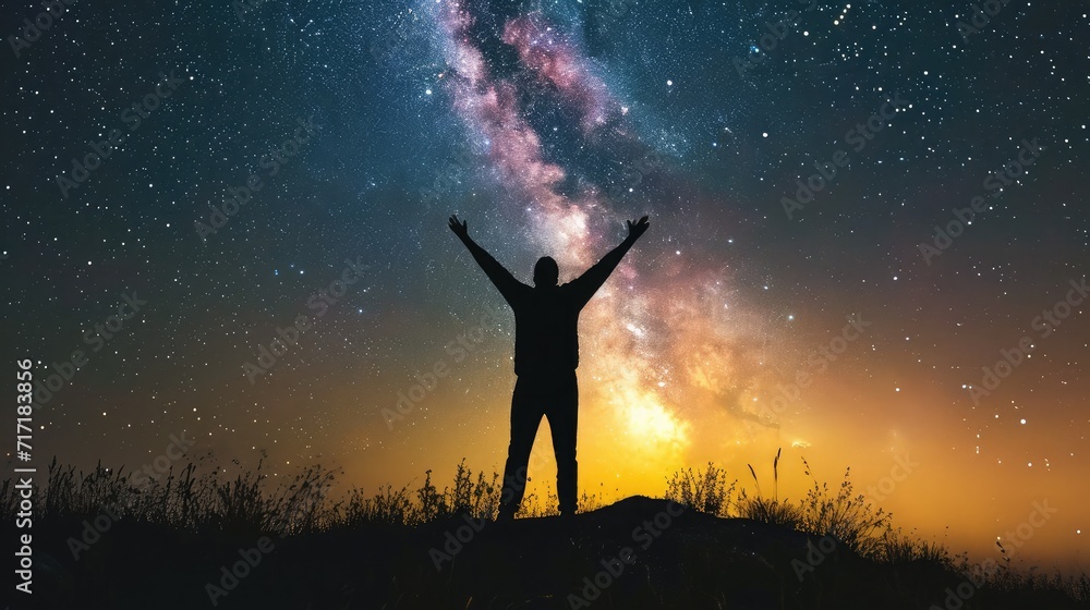 Fototapeta premium Milky Way. Night sky with stars and silhouette of a standing happy man with yellow light. Space background