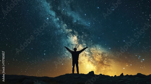 Milky Way. Night sky with stars and silhouette of a standing happy man with yellow light. Space background © buraratn
