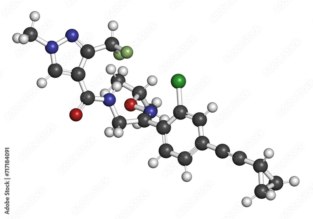 Pyrapropoyne fungicide molecule. 3D rendering. Pyrapropoyne fungicide molecule. 3D rendering.