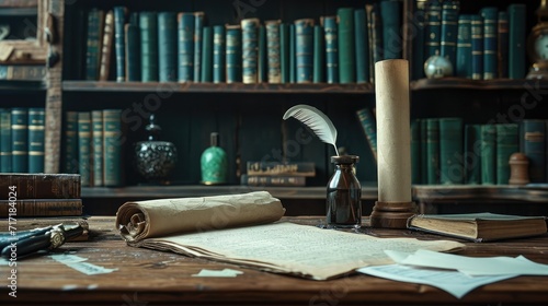 old quill pen with inkwell and papers on wooden desk against vintage bookcase. retro style. banner copy space