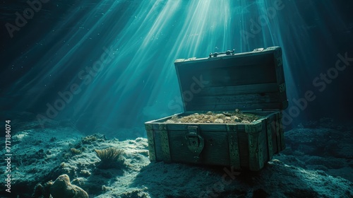 Open treasure chest sunken at the bottom of the sea / high contrast image photo