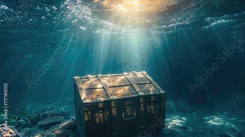 photo of treasure chest submerged underwater with light rays photo
