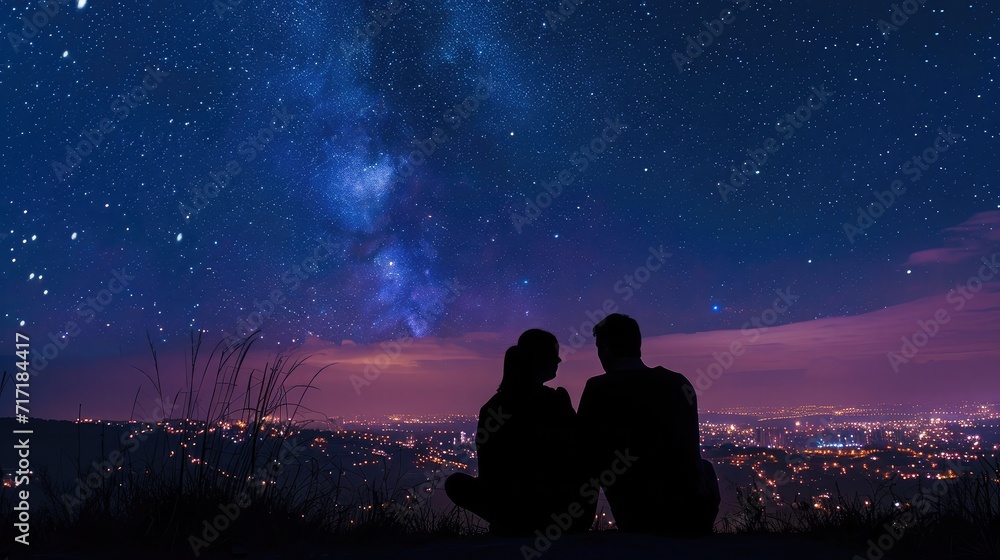 silhouette of a couple sitting on top of a hill looking at the stars over the city