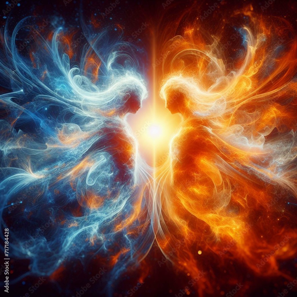 Twin flame couple. Soulmates. The concept of magical, esoteric, tantric, spiritual love. Connection between souls. Illustration for websites and much more. Created using generative ai tools. Twin flame couple. Soulmates. The concept of magical, esoteric, tantric, spiritual love. Connection between souls. Illustration for websites and much more. Created using generative ai tools.