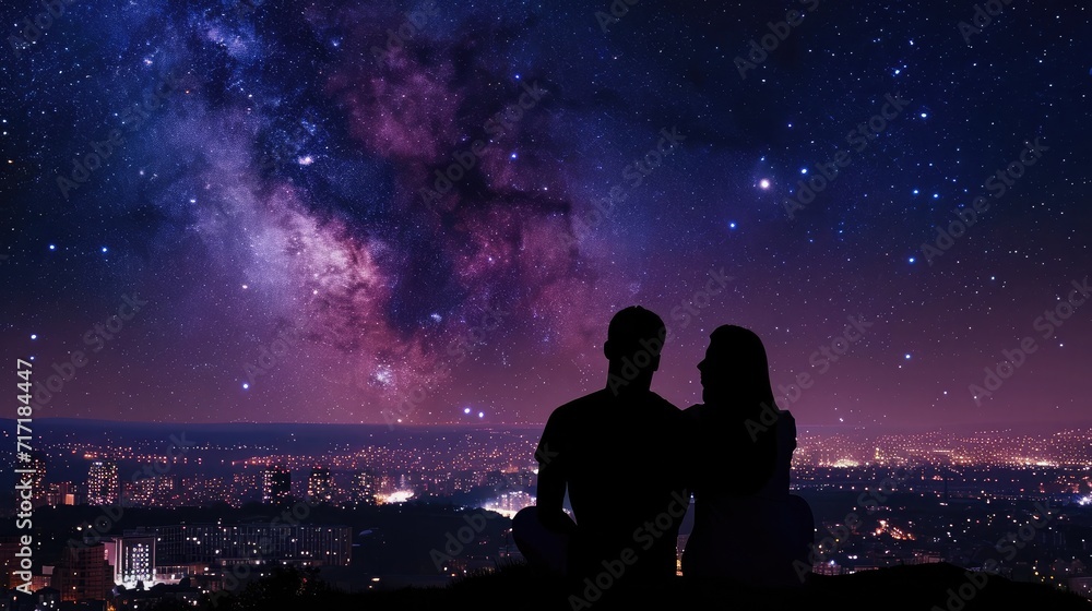 silhouette of a couple sitting on top of a hill looking at the stars over the city silhouette of a couple sitting on top of a hill looking at the stars over the city
