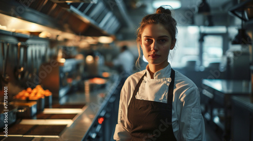 Professional half-body portrait of female chef in restaurant kitchen, AI Generated photo