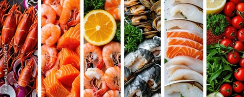 Collage of fresh seafood, crabs, mussels, oysters, shrimp and sea bass