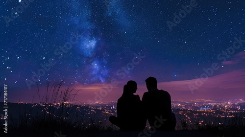 silhouette of a couple sitting on top of a hill looking at the stars over the city