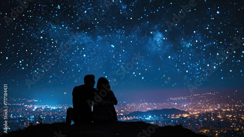 silhouette of a couple sitting on top of a hill looking at the stars over the city © buraratn