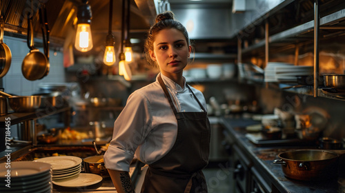 Professional half-body portrait of female chef in restaurant kitchen, AI Generated © Shining Pro