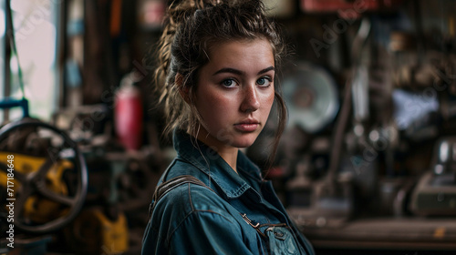 Professional half-body portrait of female mechanic in garage, AI Generated © Shining Pro